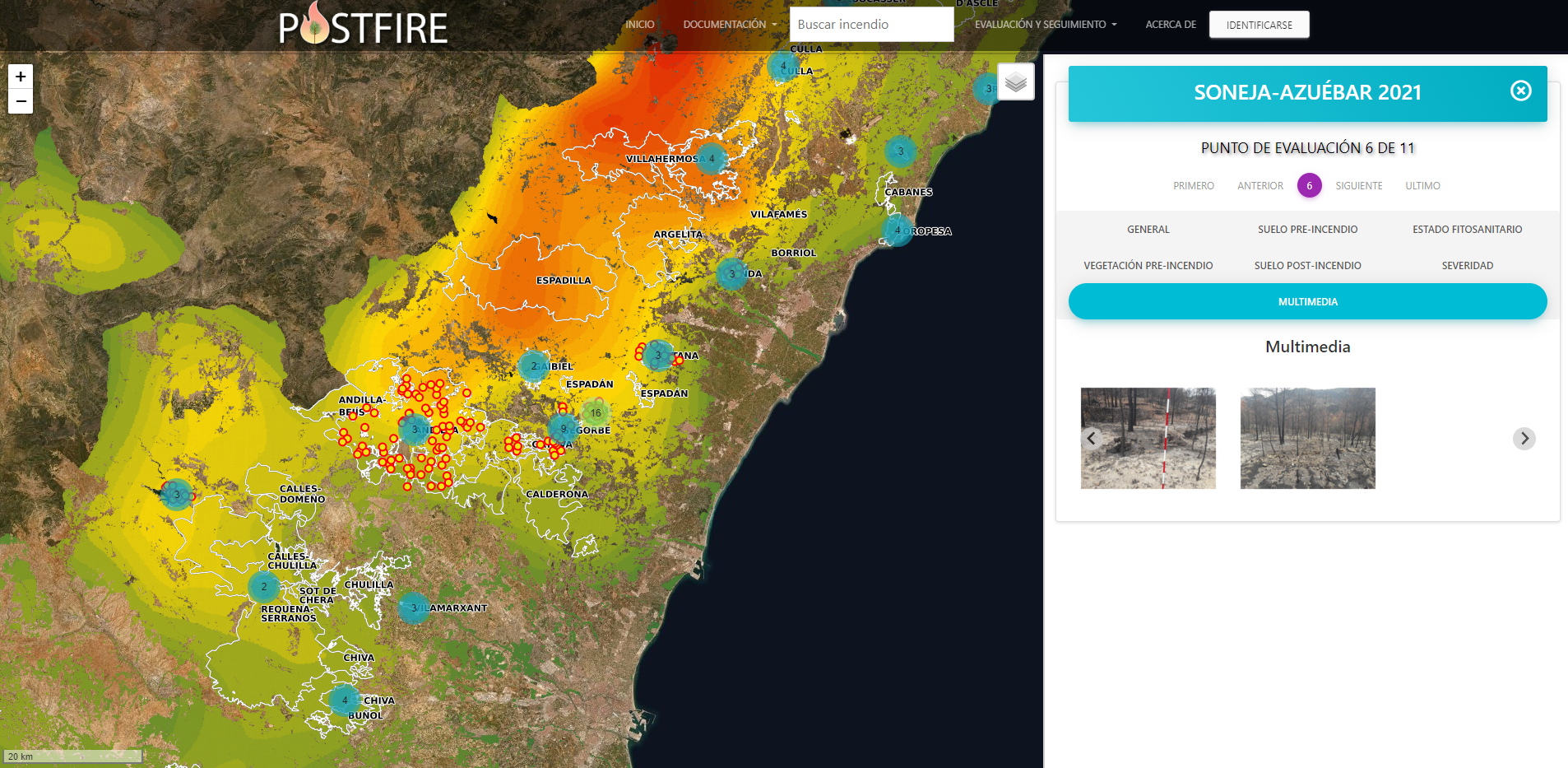 Visor PostFire: mapa de severidad de un incendio en Castelló con puntos de evaluación y panel de seguimiento multimedia